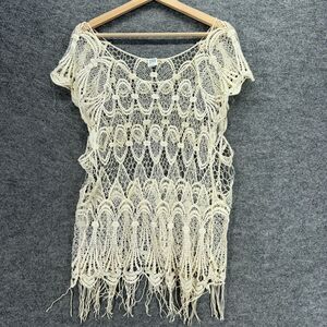Vivid Collection Top Women 3X Plus Beige Geometric Crochet Fringe Short Sleeve
